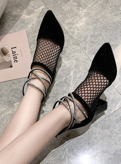 Mesh Pointed Thick Heel Hollow High Heel Cool Boots