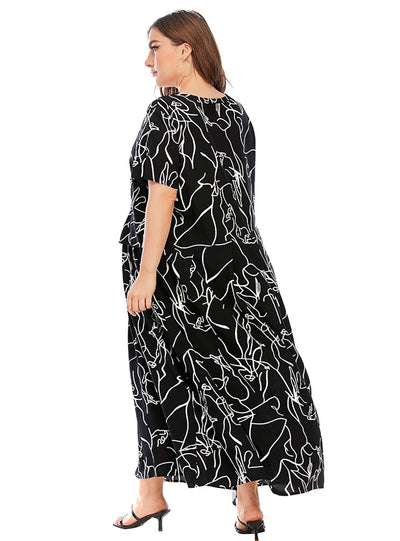 Short-sleeved Graffiti Print Slim Big Swing Dress