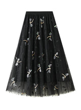 3D Embroidered Dragonflies Dotted Gauze Skirt