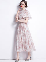 Collar Print Lotus Leaf Sleeve Pleated Dress