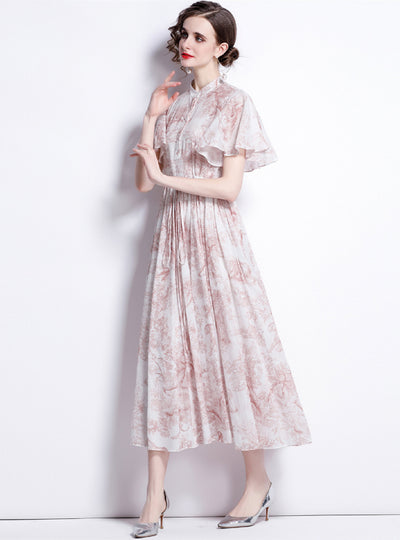 Collar Print Lotus Leaf Sleeve Pleated Dress