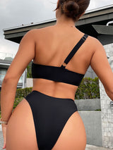 Black One-shoulder Split Bikini