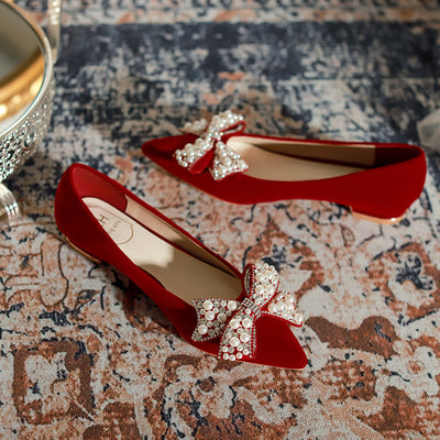 Women Red Bow Pearls Shoes