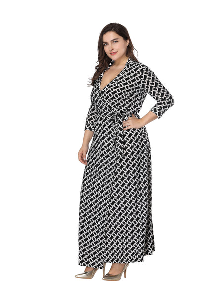 Lapel Cropped Sleeve Knitted Printed Dress