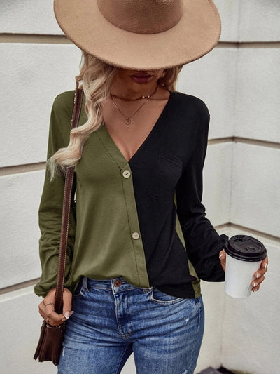 Loose Pocket Stitching Contrast Long Sleeve T-shirt