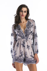 Deep V-neck Mesh Long Sleeve Sequined Jumpsuit