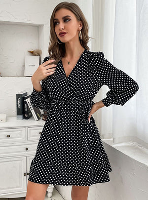 V-neck Polka Dot Long Sleeve Dress