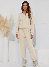 V-neck Hooded Top Pant Two-piece Suit