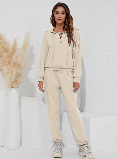 V-neck Hooded Top Pant Two-piece Suit