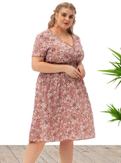 Short Sleeve V-neck Printed Short Dress