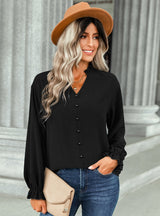 V-neck Fashion Button Solid Color Shirt