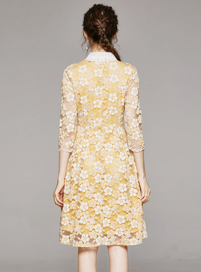 Women Yellow Lace 3/4 Sleeves
