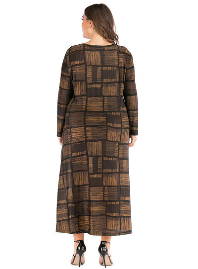 Plaid Printed Round Neck Long Sleeve Pocket Dress
