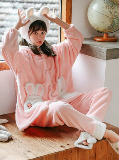 Pink Rabbit Flannel Pajamas Thicken Add Velvet Suit