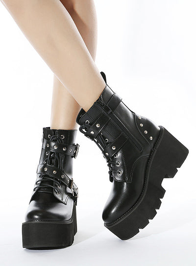 Round Toe Side Zipper Rivet High Heels Boots