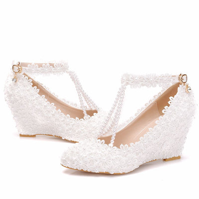 8 cm Pointed Wedge Lace Beaded Wedding Shoes