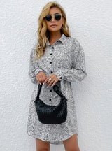 White Lapel Print Shirt Dress