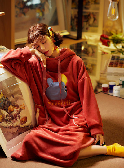 Thickened Lengthened Warm Coral Fleece Pajamas Red Dress