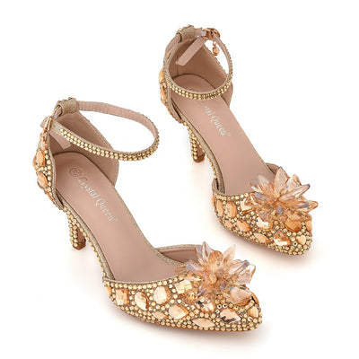 7 cm Stiletto Pointed Crystal Glass Flower Sandals