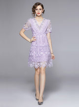 Beaded Embroidered Lace V-neck Short Sleeve Dress