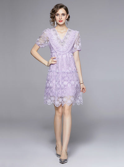 Beaded Embroidered Lace V-neck Short Sleeve Dress