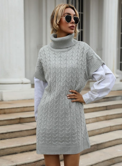 Solid Color Twist Knitted Turtleneck Vest Sweater Dress