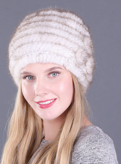 Ladies Mink Wool Knitted Hat Flower Decoration
