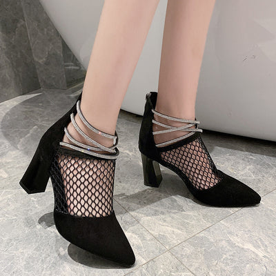 Mesh Pointed Thick Heel Hollow High Heel Cool Boots