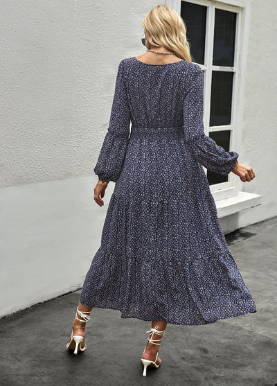 Printed Lantern Sleeve Round Neck Dress