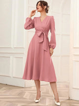 Bubble Sleeve Belt V-neck Long-sleeved Dress