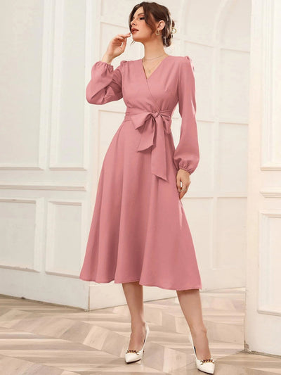 Bubble Sleeve Belt V-neck Long-sleeved Dress