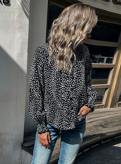 V-neck Long Sleeve Print Leopard Print Shirt