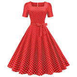 Retro Short Sleeve Wavelet Dot Print Dress