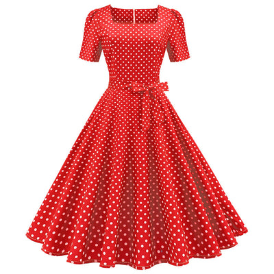 Retro Short Sleeve Wavelet Dot Print Dress