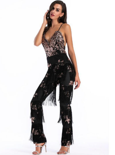 Fringed Sequined Spliced Jumpsuit