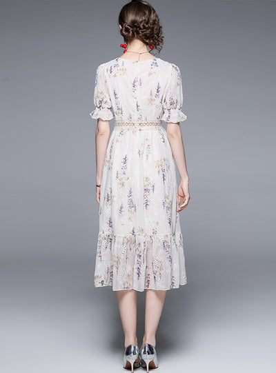 Retro Floral Square Collar Bubble Sleeve Dress