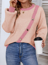 Color Button Crew Neck Pullover Lantern Sleeve Sweater
