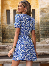 Floral High Waist Slim V-neck Dress