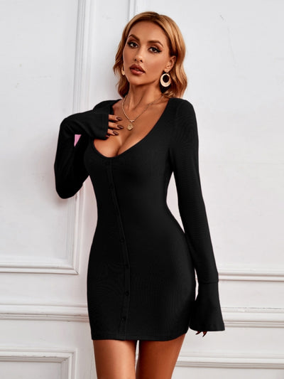 Sexy Single-breasted Knitted Long-sleeved Dress