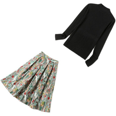 Knitted Jacquard Print Skirt Two-piece Suit