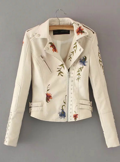 Women Embroidery Faux Leather PU Jacket
