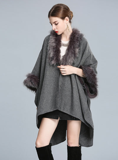 Imitation Fox Fur Collar Shawl Cape Woolen Coat Cardigan
