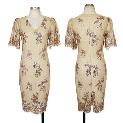 Deep V-neck Bubble Short Sleeve Sequined Dress