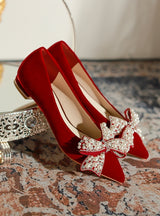 Women Red Bow Pearls Shoes