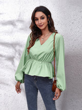 Lantern Chiffon V-neck Long-sleeved Blouse Shirt