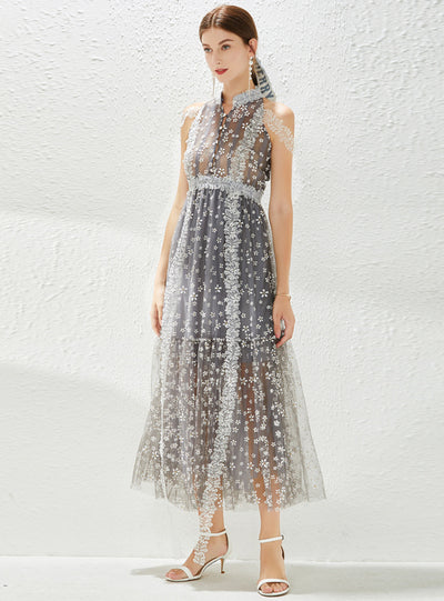 Collar Gauze Print Perspective Dress