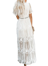 Sexy White Lave Lace See-Through Trumpet Sleeve Maxi Dress