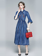 Trumpet Sleeves Embroidered Denim Dress