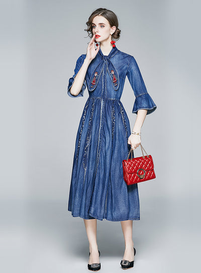Trumpet Sleeves Embroidered Denim Dress
