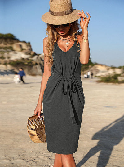Slim Backless Seeveless Pleated Sling Dress